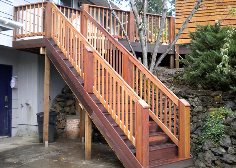 Hardwood front entrance deck with railing installed at a Portland area residence